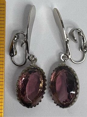 Clip On Earrings Silver-Tone with Purple Stones Source Unknown Vintage